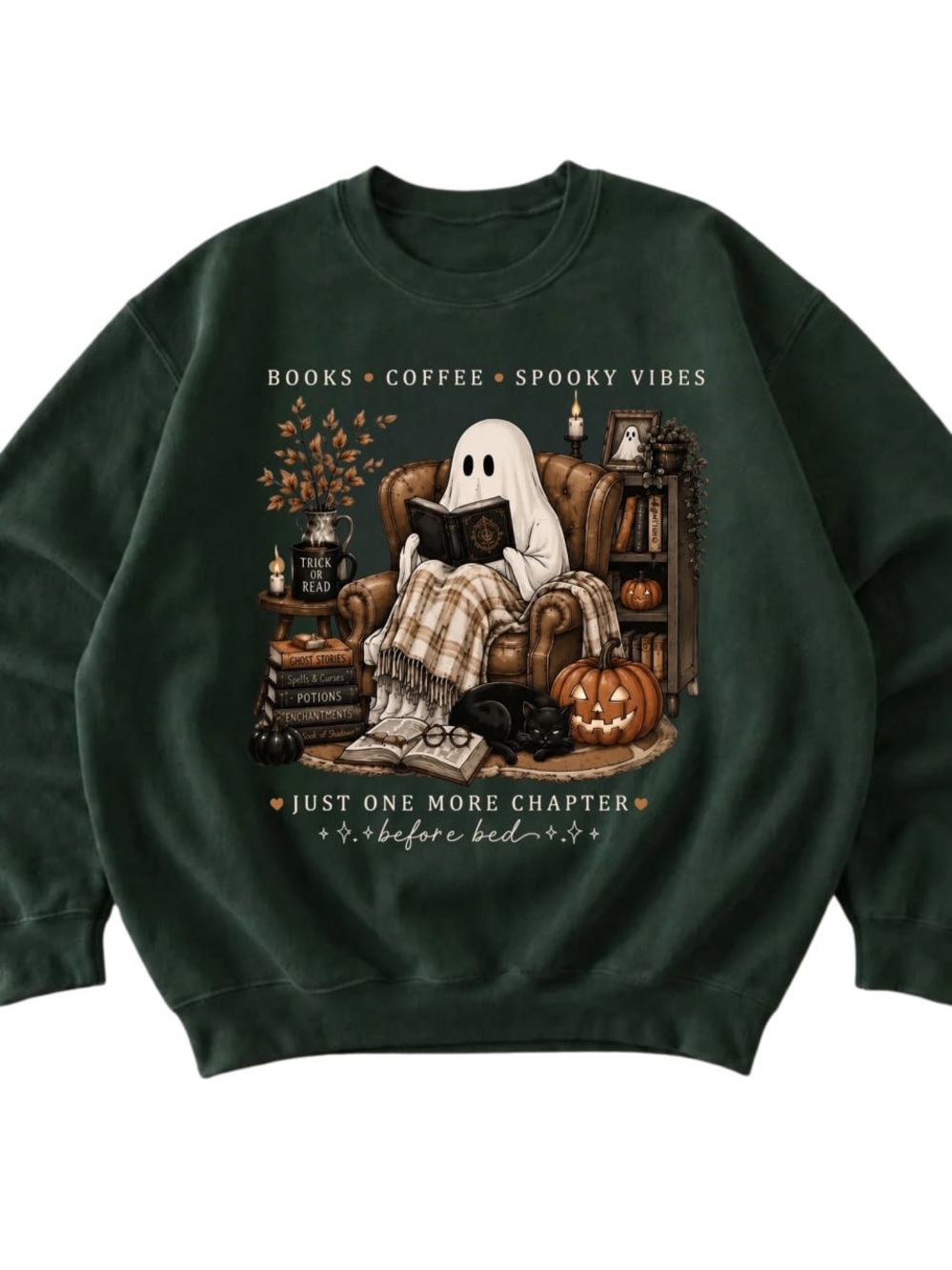 Dark Green Books, Coffee, Spooky Vibes Halloween Graphic Sweatshirt